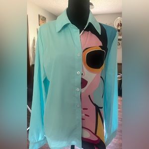 Ladies button front graphic blouse